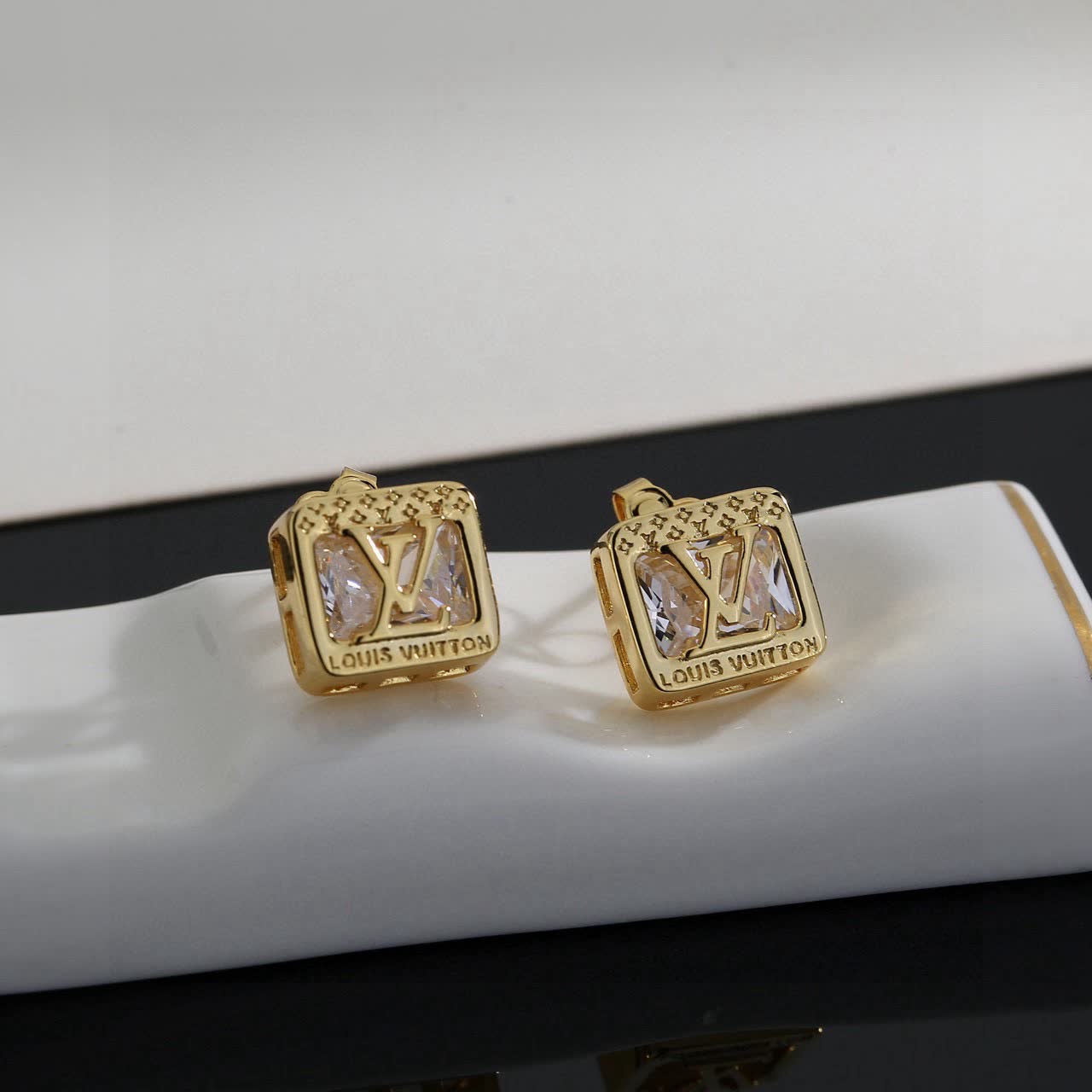 Louis Vuitton Gold Tone Crystal Stud Earrings